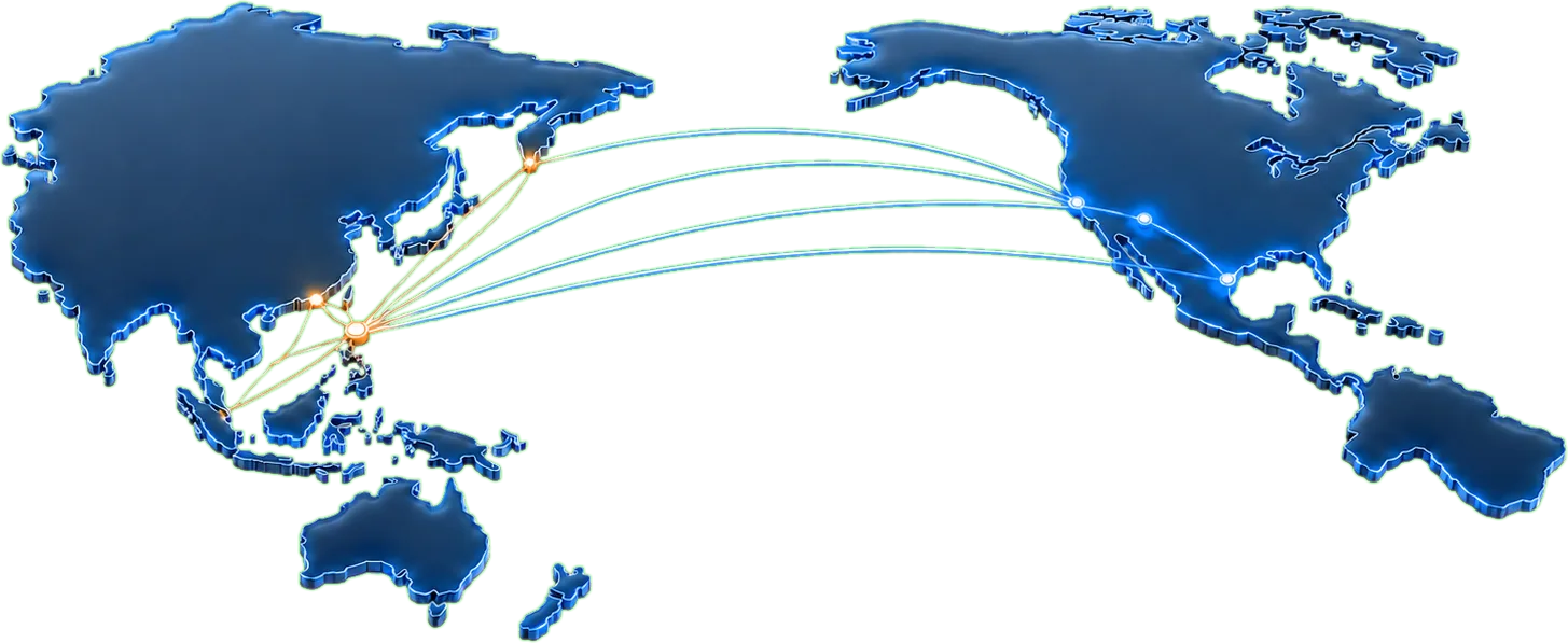 Pacific-centred relief map.  Gold nodes across Taiwan, Hong Kong, Singapore and Japan connect by cornflower paths to nodes in California, Arizona and Texas.