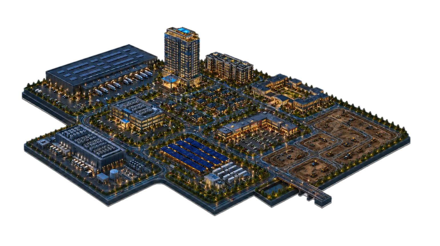 Night-lit architectural model of a district on a single plinth carrying a solar-roofed industrial distribution building, a residential tower, mid-rise multifamily, a senior care campus, single-family housing, a medical office building, a data center, a solar array with battery storage, a retail shopping center, and graded land under development.