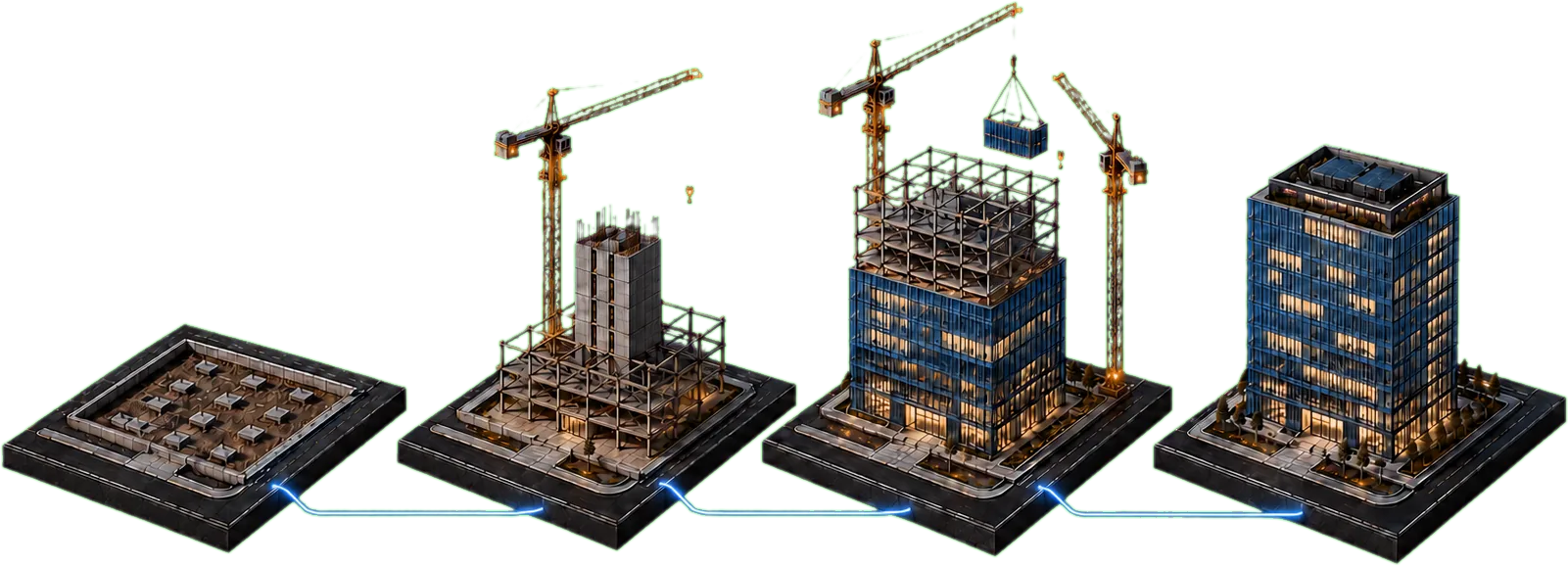 Architectural model of one site in four stages: entitled lot, structure under crane, topping out with a factory-built module being lifted into place, and the delivered building.