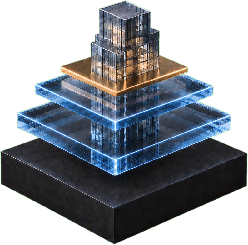 Exploded architectural model of a capital stack: a granite base, two layers of blue structural glass, a thin gold layer, and a glass tower rising through the centre of all four.